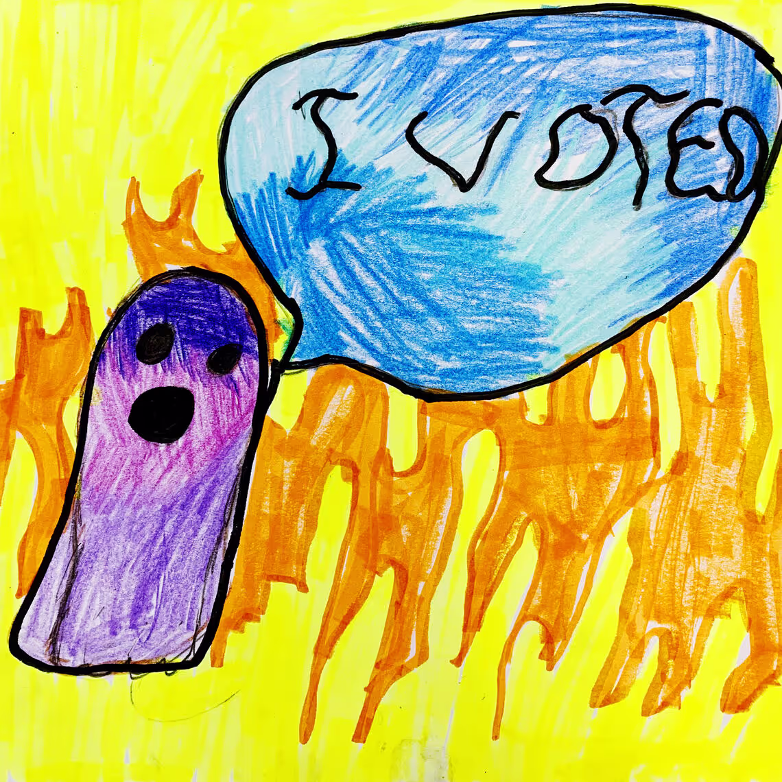 A child's drawing of a ghost and a speech bubble